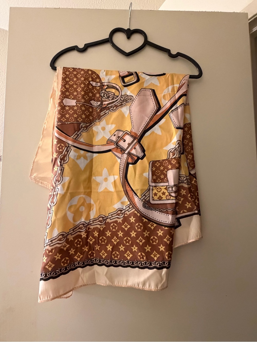Silk-Effect Brown and Yellow Printed Scarf